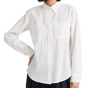 Lauren Ralph Lauren White Long Roll-Tab Sleeve Button Front Cotton Shirt